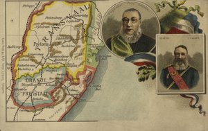 Presidente Paul Kruger, General Piet Joubert e um mapa do Estado Livre de Transvaal e Orange