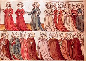 Procissão de mulheres de Boheme. Miniatura de "Chronicles of the Council of Constance" de Ulrich Richental (1360-1437) 1438 aproximadamente Praga, biblioteca nacional de German School
