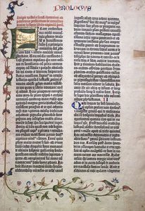 Prólogo fólio com letra "F" dourada e verde, e borda de folhas, flores, cipós e pássaros, 1455 de German School