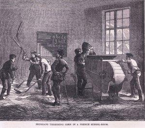 Prussians threshing corn in a French school room, Cassells History of the War between France and Germany publicado por Cassell and Company Limited, c.1890 (litho) de German School