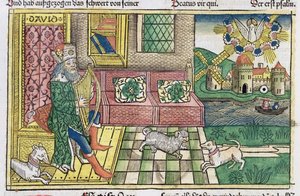 Salmos: frontispício mostrando o rei Davi tocando a lira, da Bíblia de Nuremberg (Biblia Sacra Germanaica) (xilogravura colorida) de German School