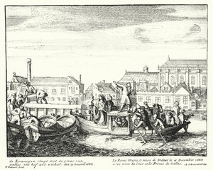 Rainha Maria, consorte do Rei James II, em fuga da Inglaterra com o Príncipe de Gales e toda a sua corte, Dezembro de 1688 (gravura) de German School
