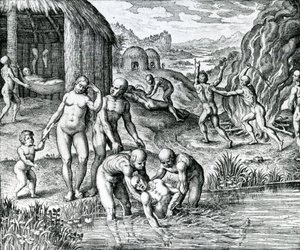 Quibus remediis contra morbos utantur Indiani, ilustração extraída de "Pars Decima Americae" publicada por Hieronymous Galler de German School