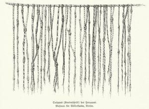 Quipu, meio de registro de informações usando cordas com nós usadas pelos povos dos Andes na América do Sul (litho) de German School