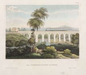 Viaduto ferroviário em Gotha, gravado por B. Metzeroth, 1848 de German School