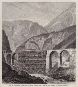 Viaduto ferroviário sobre o rio Fella em Ponte di Muro, Friuli, Itália (gravura) de German School