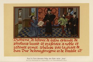 Raoul Lefevre apresenta um manuscrito da sua Histoire de Jason a Filipe, o Bom, duque de Borgonha (litografia a cores) de German School