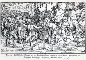 Camponeses rebeldes que cercam um cavaleiro, de uma ilustração a Trostspiegel por Petrarch, 1539 de German School