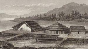Reconstrução de uma antiga aldeia lacustre. Ilustração para Bilder-Atlas (gravura) de German School