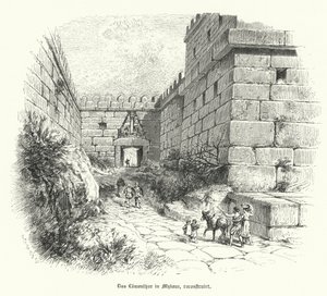 Reconstrução da Porta do Leão, entrada para a cidadela de Micenas, Grécia (gravura) de German School