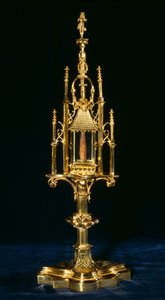 Monstrance relicário com pedaço de cruz, Augsburg, c.1490 (ouro e madeira) de German School