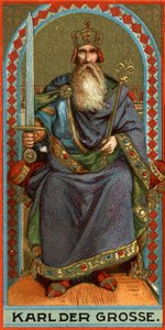 Representação de Carlos Magno (742-814), rei dos Francos, dos Lombardos e depois Imperador. Cromolitografia de German School