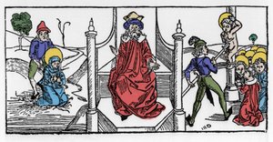 Representação do martírio de Santa Symphorose, cristã do século II, e de seus sete filhos, sob o reinado do Imperador Adriano. Gravura de "Leben der Heiligen - sommerteil" (O livro do santo) de Jacobus (Tiago) de Voragine (1228-12) de German School