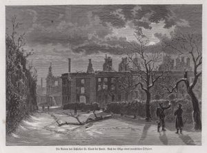 Ruínas do Castelo de Saint-Cloud, Paris, destruídas pelos bombardeamentos prussianos em 1870 durante a Guerra Franco-Prussiana (gravura) de German School