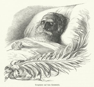 O autor russo Ivan Turgenev no seu leito de morte de German School