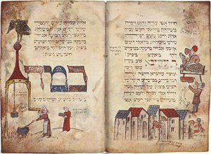 Sacrifício do cordeiro pascal e passagem de Rabi Akiva, Êxodo 12, versículo 22, Haggadah (velino) de German School