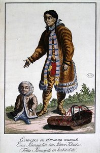Mulher Samoyed em roupas de verão com seu bebê e um berço, no final do século XVIII (gravura colorida) de German School