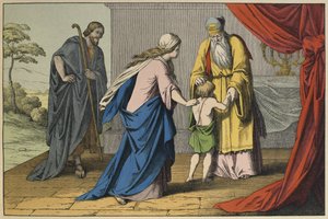 Samuel e Eli, ilustração de LAncien Testament, publicado por Jakob Ferdinand Schreiber, Esslingen (gravura a cores) de German School