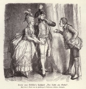 Cena da comédia de Friedrich Schiller Der Neffe als Onkel (O Sobrinho como Tio) (gravura) de German School