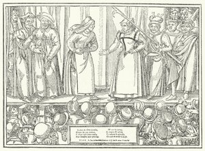 Cena de uma peça num teatro medieval tardio (gravura) de German School