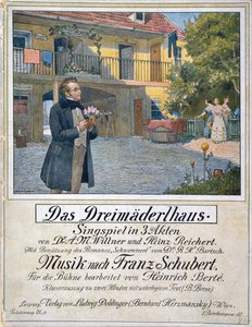 Pontuação Capa de Das Dreimaederlhaus (A Casa das Três Garotas) representando Schubert na frente da casa, 1916 de German School