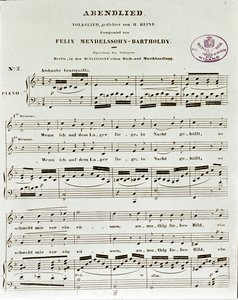 Página de partitura da música da noite por Felix Mendelssohn de German School