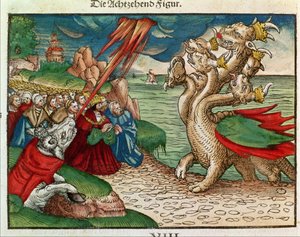 Serpente de sete cabeças do livro do Apocalipse, da Bíblia de Lutero, c.1530 (xilogravura colorida) de German School