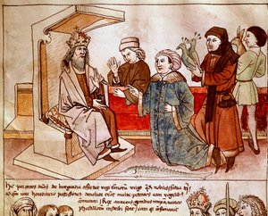 Sigismundo I de Luxemburgo (1368-1437), imperador do Santo Império, recebe o tributo dos povos submissos. Miniatura de "Chronicles of the Council of Constance" de Ulrich Richental (1360-1437) 1438 aproximadamente Praga, biblioteca nacional de German School