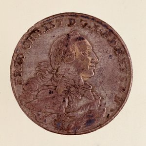 Tálico de prata (Taler) de Frederick Christian, Marquês de Brandenburg-Bayreuth (Frederic V Christian de Brandenburg-Bayreuth (Brandenburg Bayreuth) (1708-1769) 1766 Diam. 4 cm Nápoles, museo archeologico de German School