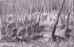 Skirmish in the woods outside Paris, Cassells History of the War between France and Germany publicado por Cassell and Company Limited, c.1890 (litho) de German School