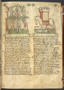 Sloane 361, f.27 O rei Codrus entrega-se para ser morto pelo seu povo, e Eleazar Maccabeus apunhalando o elefante e sendo esmagado por ele, de "Speculum Humanae Salvation" (tinta e cor no velino) de German School