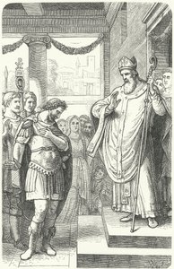 Santo Ambrósio impedindo o Imperador Romano Teodósio I de entrar na Catedral de Milão como castigo pelo Massacre de Tessalônica, 390 (gravura) de German School