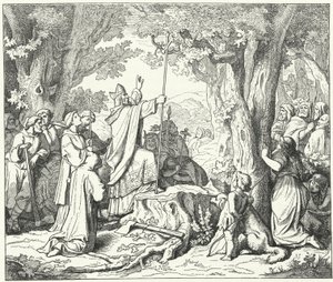 São Bonifácio derrubando o carvalho de Donar, sagrado para os alemães pagãos (gravura) de German School