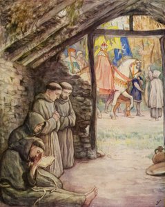 São Francisco e os seus seguidores no Santuário de Rivotorto (litografia a cores) de German School