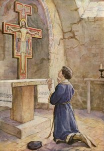 São Francisco diante do Ícone de Cristo Crucificado na Igreja de São Damião (litografia a cores) de German School