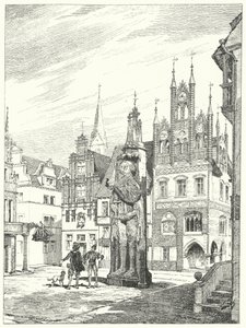Estátua de Roland erigida em 1404 de frente para a catedral de Bremen, Alemanha (gravura) de German School