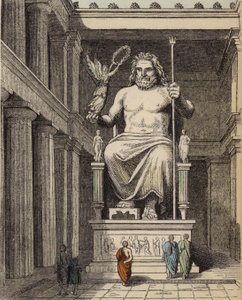 Estátua de Zeus no templo grego antigo do Olympia (gravura colorida) de German School