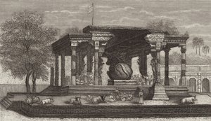 Estátua do touro sagrado Nandi em um templo hindu em Tanjore, Índia. Ilustração para Bilder-Atlas (gravura) de German School