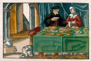 Mesa do jantar, de um manuscrito alemão, c.1650 (gravura colorida à mão) de German School