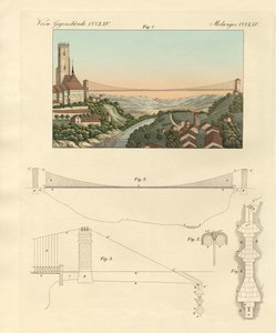Ponte suspensa de Friburgo na Suíça (gravura a cores) de German School