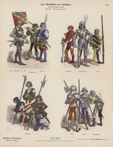 Fatos militares suíços do século XV (gravura colorida) de German School