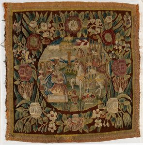 Almofada de tapeçaria representando David e Abigail, Samuel XXV, fabricada possivelmente em Hamburgo, Alemanha, c.1615 (lã) de German School