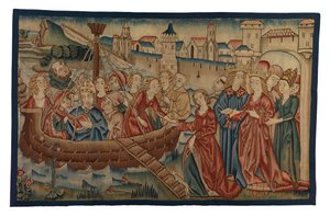 Painel de tapeçaria representando o Encontro de Santa Úrsula e do Príncipe Artherius em Mayence, da Renânia Média, fim do século XV (lã e fio metálico) de German School