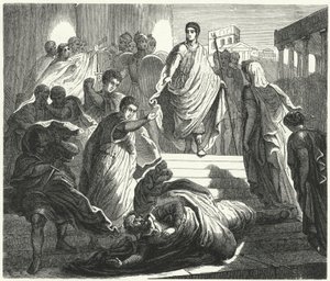 Tarquinius Superbus assassinando seu sogro, Servius Tullus, para reivindicar o trono romano (gravura) de German School