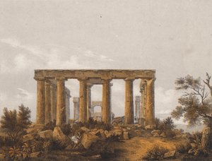 Templo de Aphaea, Aegina, Grécia (litografia a cores) de German School