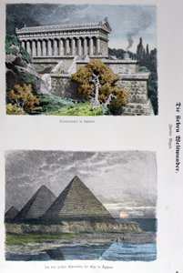 Templo de Diana em Éfeso e as Pirâmides de Gizé, de uma série das Sete Maravilhas do Mundo publicadas em Munchener Bilderbogen, 1886 (gravura colorida) de German School