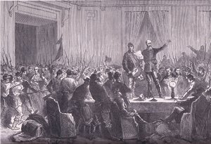 O 106º Batalhão de Guardas Nacionais entregando Trochu no Hotel De Ville, Cassells História da Guerra entre a França e a Alemanha publicado pela Cassell and Company Limited, c.1890 (litho) de German School
