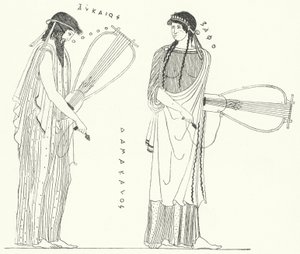 O poeta grego antigo Alcaeus e seu amante Sappho (gravura) de German School