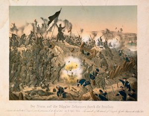 A Batalha de Dybboel na Segunda Guerra de Schleswig, em 18 de abril de 1864, publicada por Verlag A. Felgner, Berlim, 1864 de German School