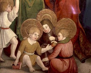 A Infância de São José, detalhe de crianças brincando, Escola Suábia (óleo sobre painel) de German School